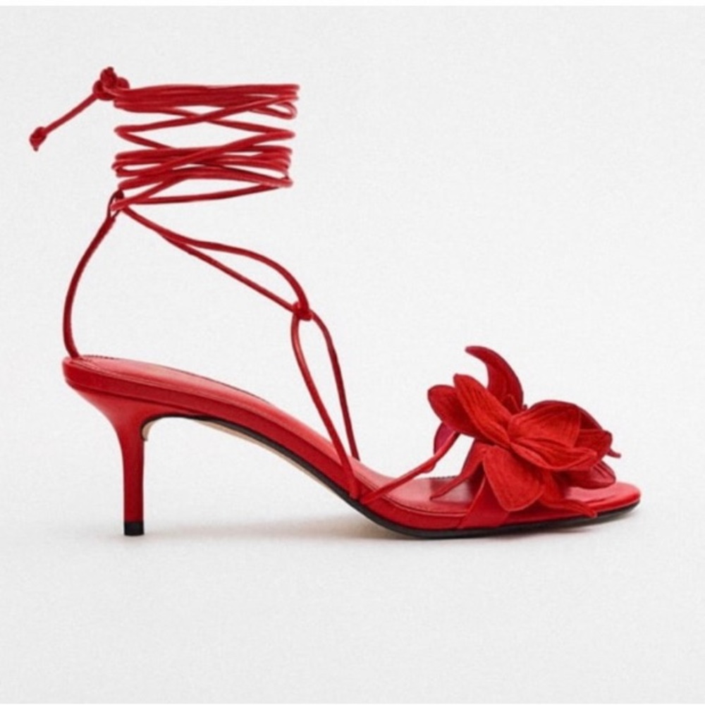 Zara lace up tied floral mid-height heel leather sandals size 7.5 NWT